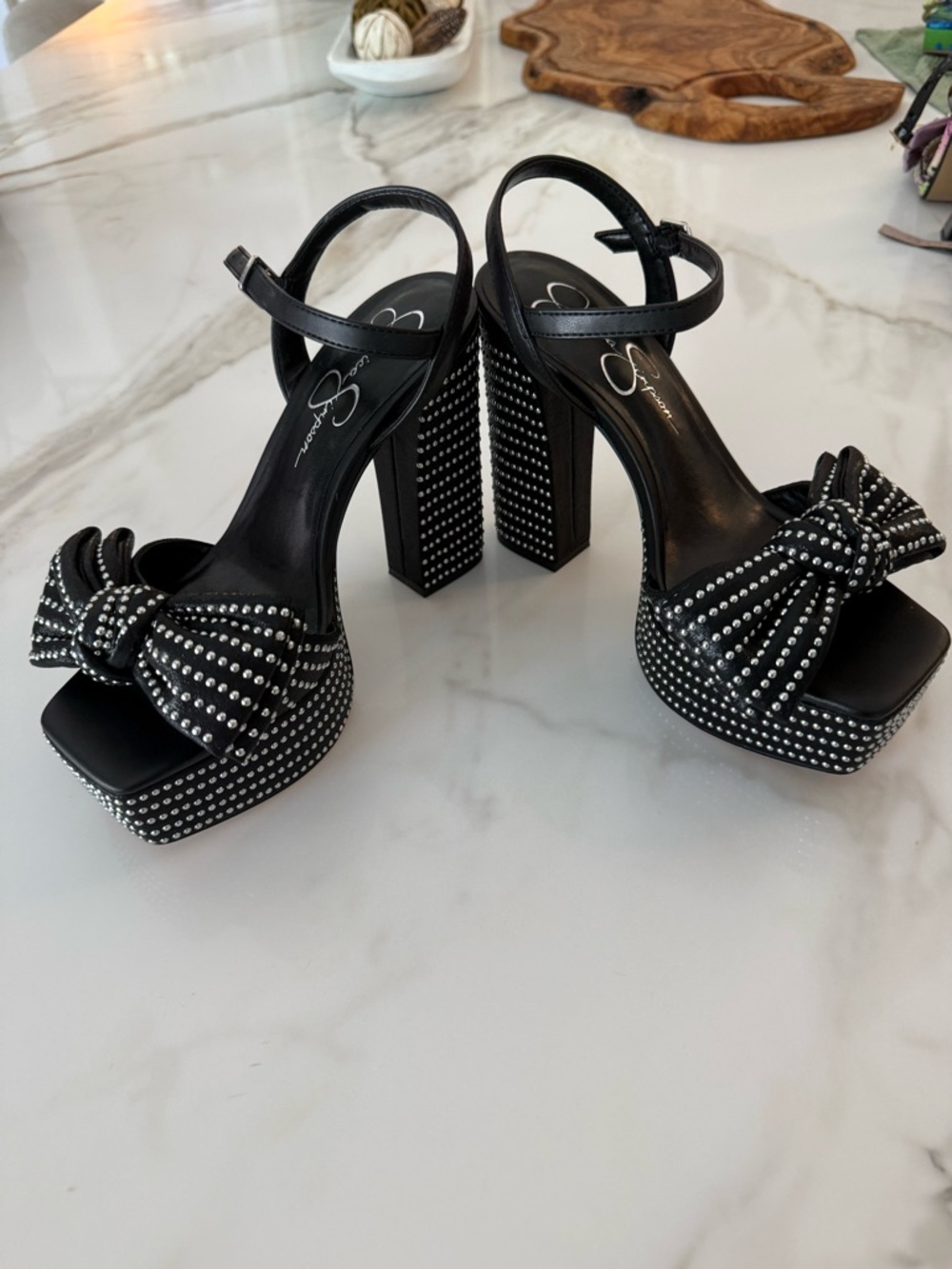Jessica Simpson Black Studded Bow Platform Sandals " Bejeweled"